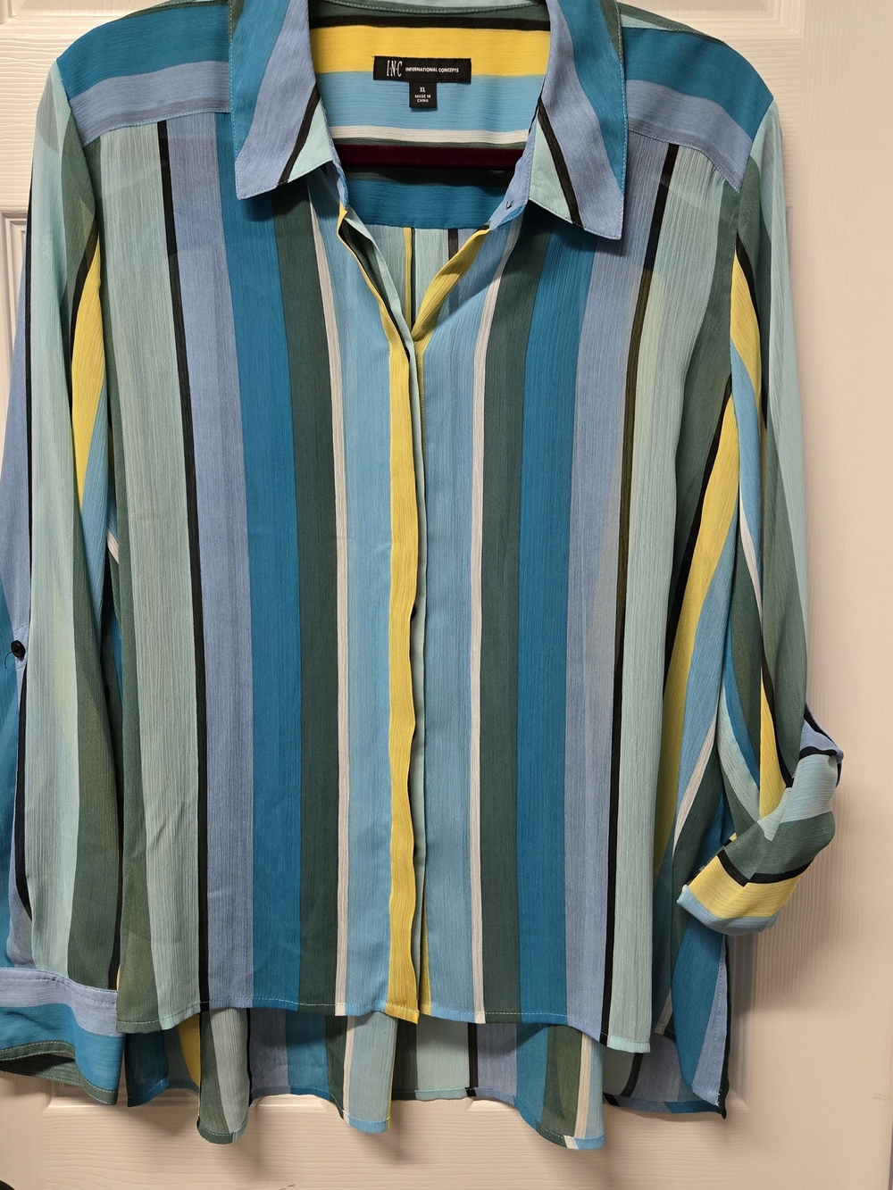 INC International Concepts Striped Button-Front Blouse in Teal & Yellow